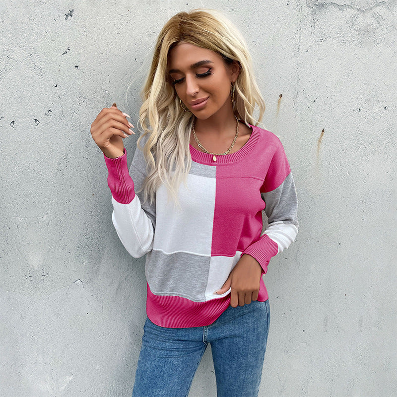 Contrast Color Patchwork Knitted Pullover with Round Neck
