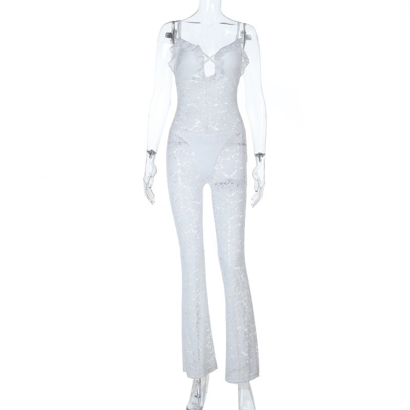 Bodycon Lace Jumpsuit with Cut-Out Detail and Straight Leg