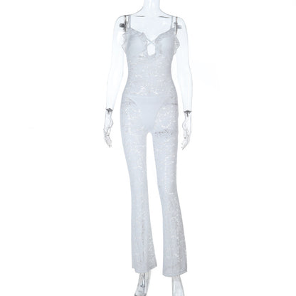 Bodycon Lace Jumpsuit with Cut-Out Detail and Straight Leg