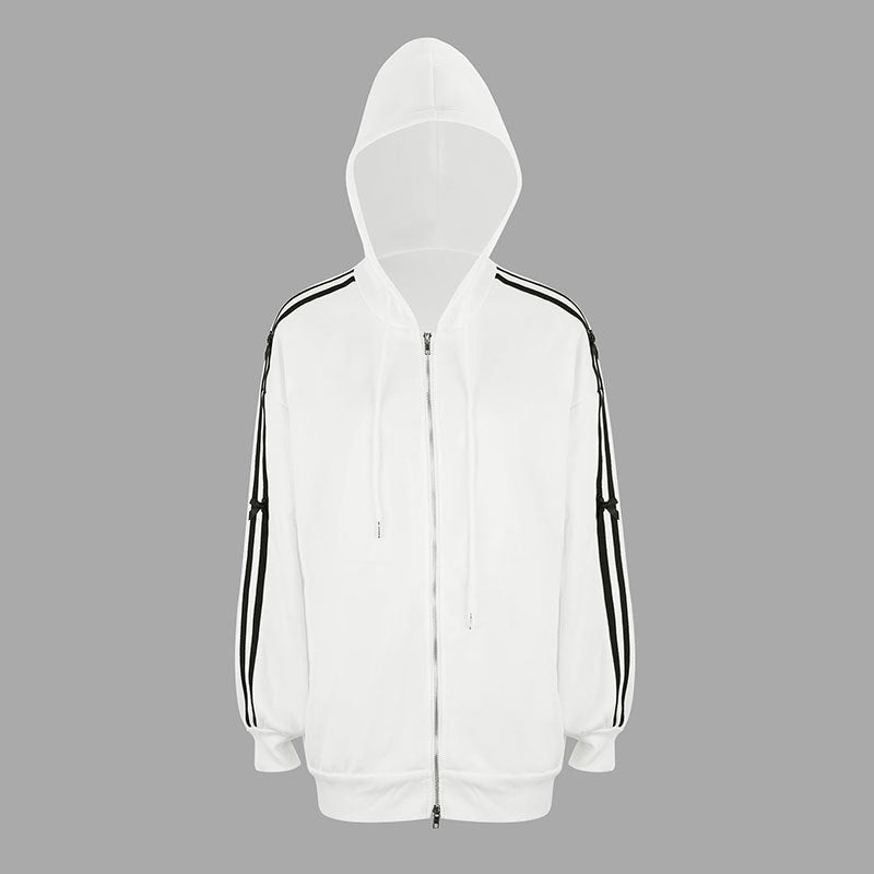 Loose Striped Zip-Up Hoodie with Bow Details