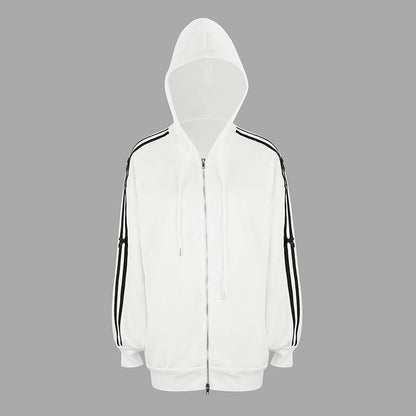 Loose Striped Zip-Up Hoodie with Bow Details