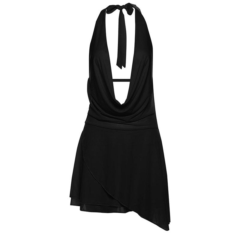 Cowl Neck Halter Mini Dress with Asymmetric Hem
