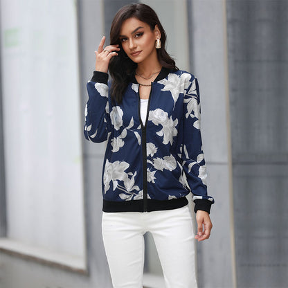 Floral Print Zip-Up Bomber Jacket with Ribbed Trim