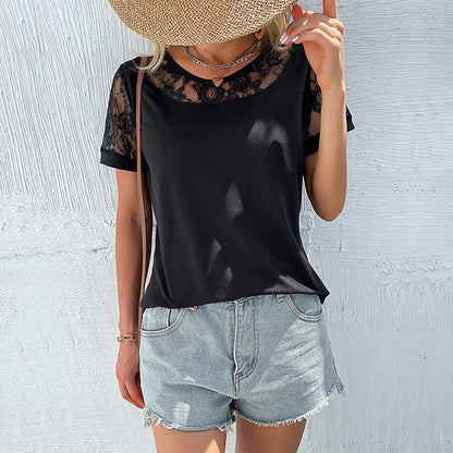 Solid Loose T-Shirt with Lace Yoke and Sleeves