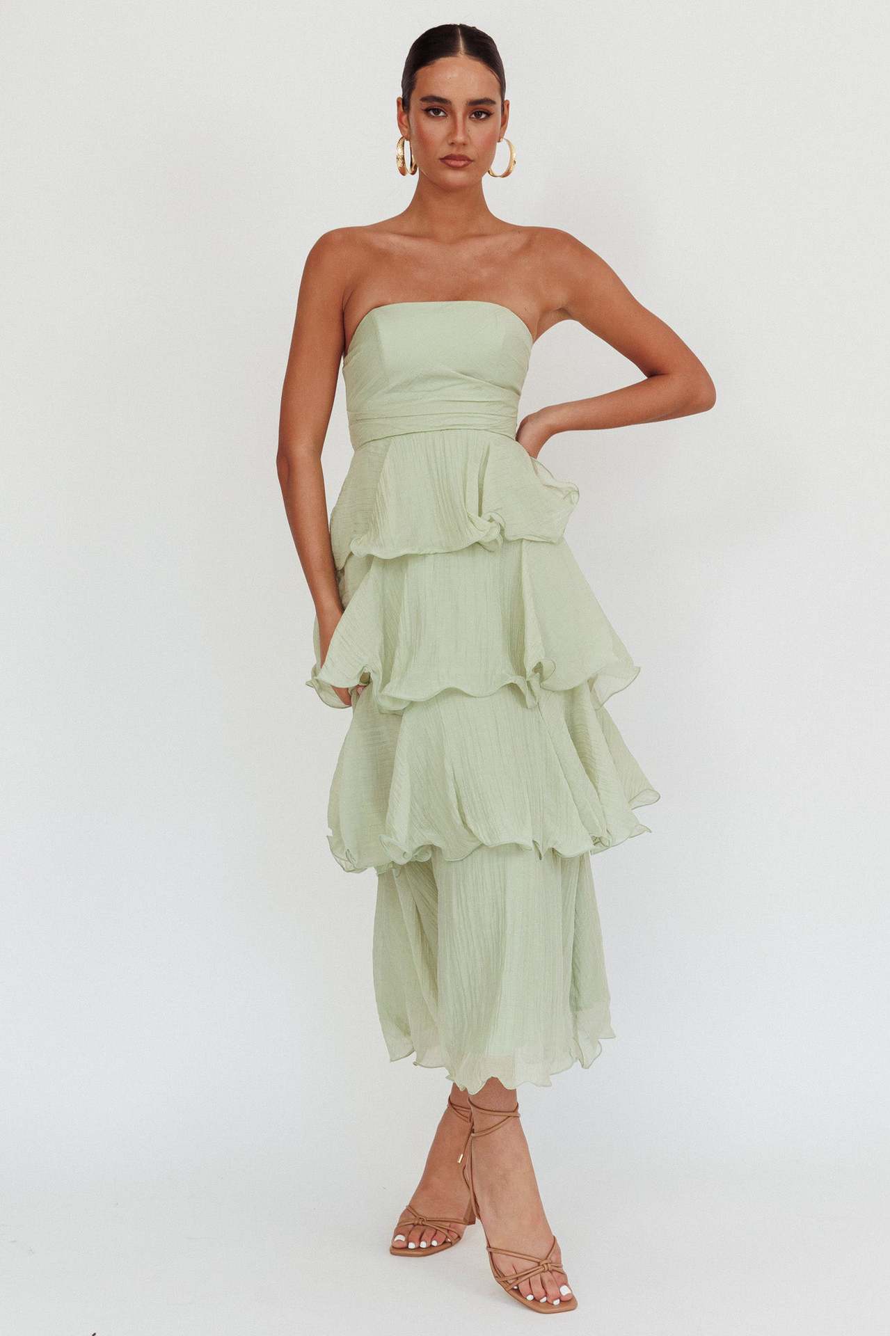 Strapless Tiered Midi Dress with Layered Ruffles