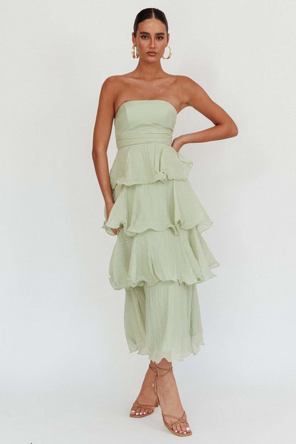 Strapless Tiered Midi Dress with Layered Ruffles