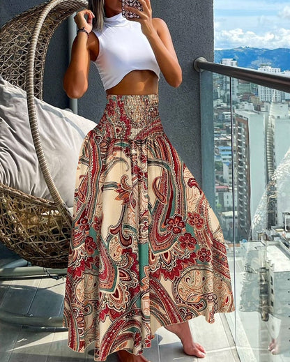 Bohemian Print A-Line Maxi Skirt with High Smocked Waist