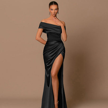 Elegant Off-Shoulder Split Dress Mercerized Fabric