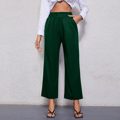 Straight-Leg Cropped Pants with Ruffled Elastic Waist