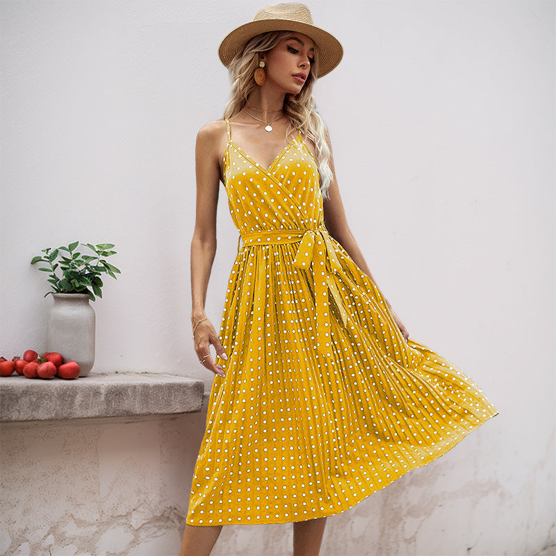 Polka Dot Pleated Midi Dress with Spaghetti Straps and Tie-Waist