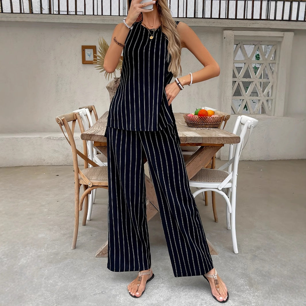 Striped Two-Piece Set with Sleeveless Vest and Wide-Leg Trousers