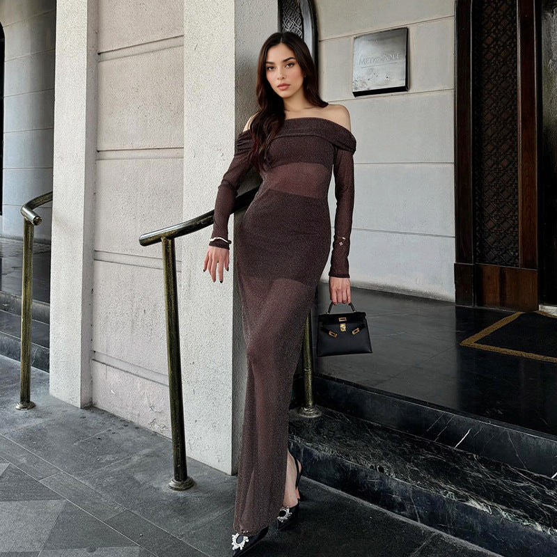 Sparkling Sheer Bodycon Maxi Dress with Off-Shoulder Neckline