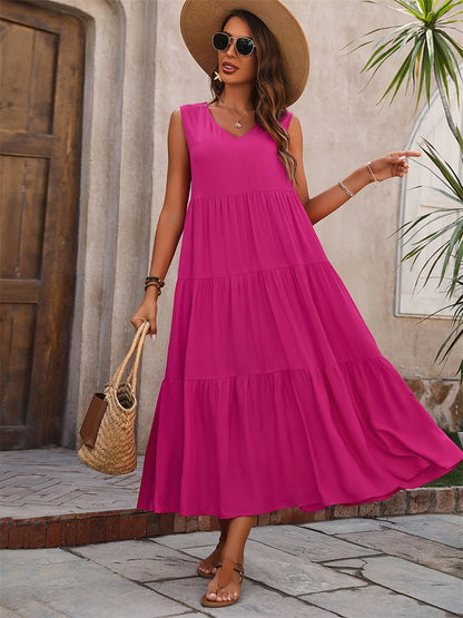 Solid Color Tiered Maxi Dress with V-Neck