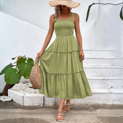 Solid A-Line Midi Dress with Smocked Bodice & Tiered Skirt