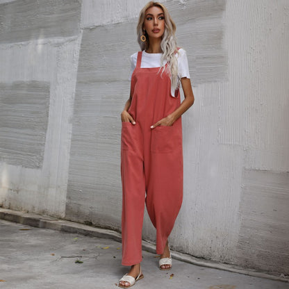 Loose Fit Cotton Linen Suspender Jumpsuit