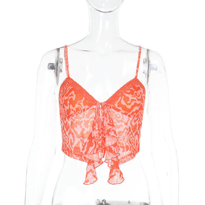 Floral Print Ruffled Camisole with Tie Front and Lace Trim