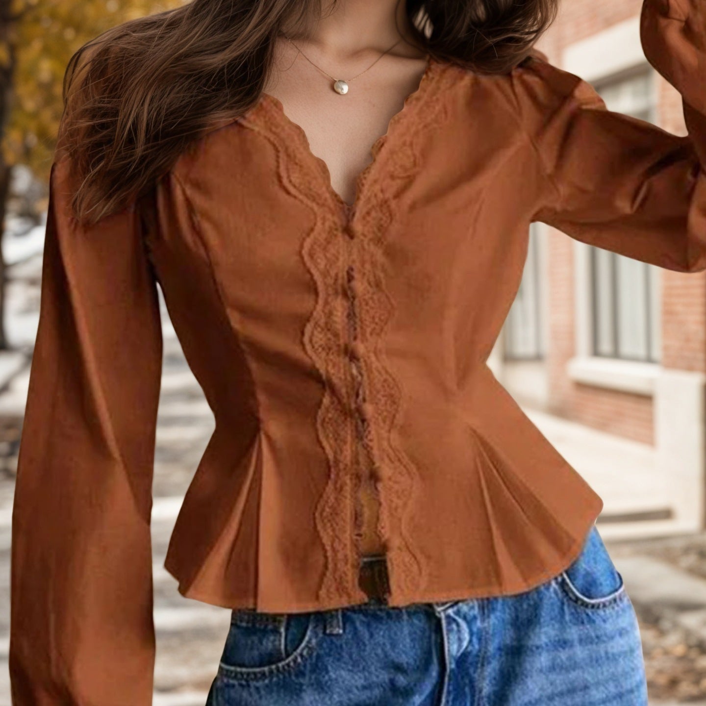Peplum Blouse with Lace Trim V-Neck and Tie-Back