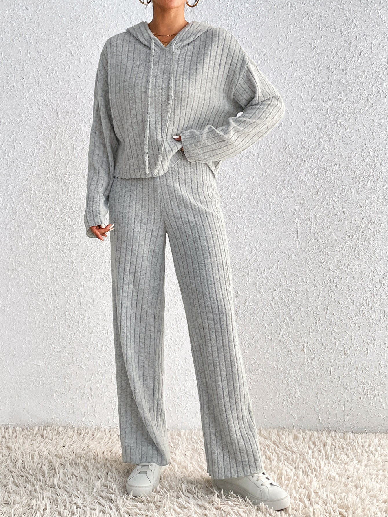 Ribbed Knit Two-Piece Set with Hooded Top and Wide-Leg Trousers