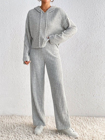 Ribbed Knit Two-Piece Set with Hooded Top and Wide-Leg Trousers