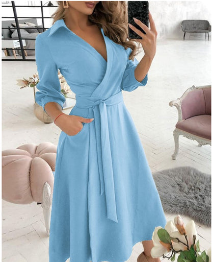 Printed Wrap Midi Dress with Shirt Collar and 3/4 Sleeves