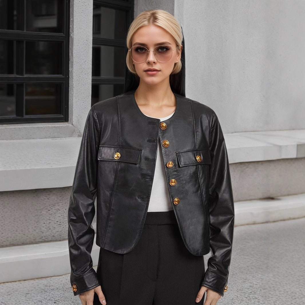 Faux Leather Cropped Jacket with Round Neck and Gold-Tone Buttons