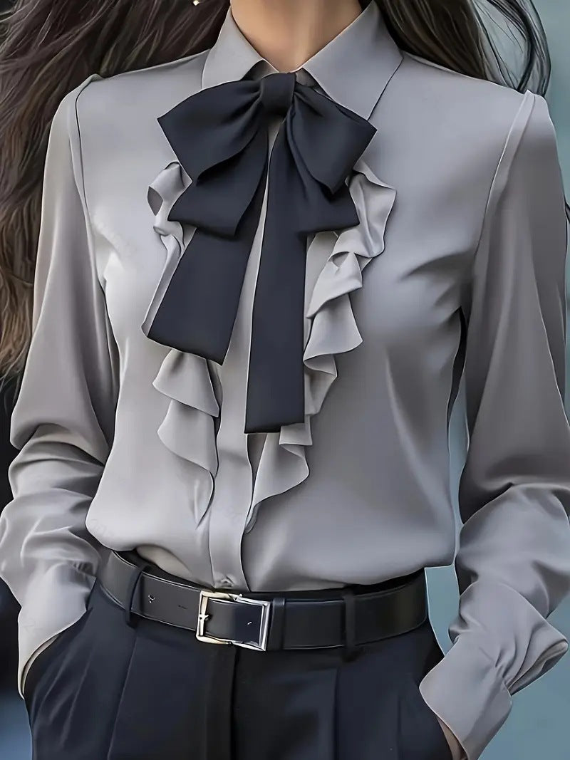 Solid Long Sleeve Blouse with Ruffle Front and Bow Tie