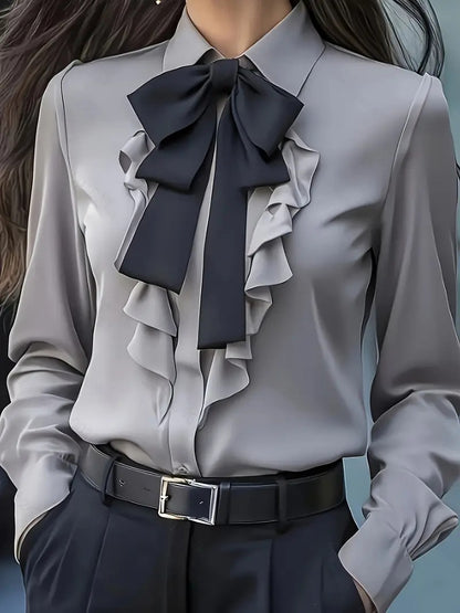 Solid Long Sleeve Blouse with Ruffle Front and Bow Tie