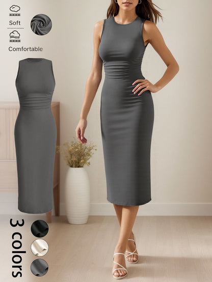 Sleeveless Crewneck Bodycon Midi Dress with Ruched Waist