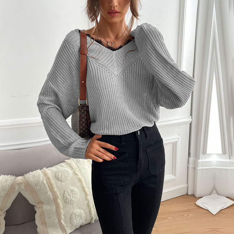 Loose Knit Pullover with V-Neck and Lace Trim