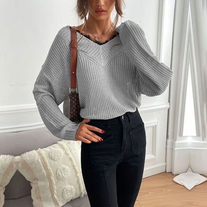 Loose Knit Pullover with V-Neck and Lace Trim