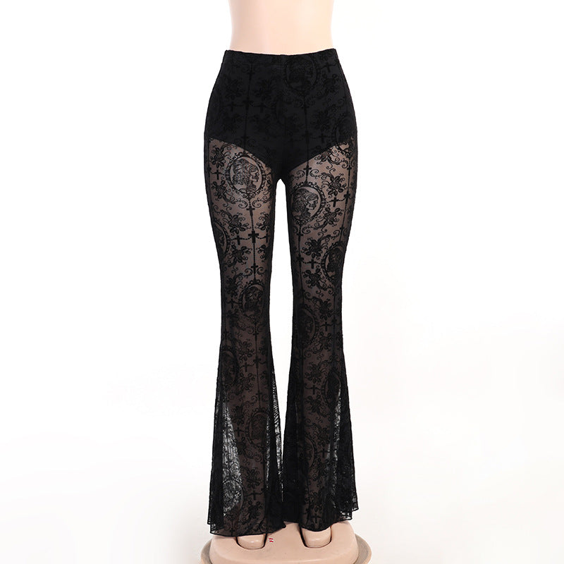 High-Waisted Flared Pants in Sheer Flocked Lace