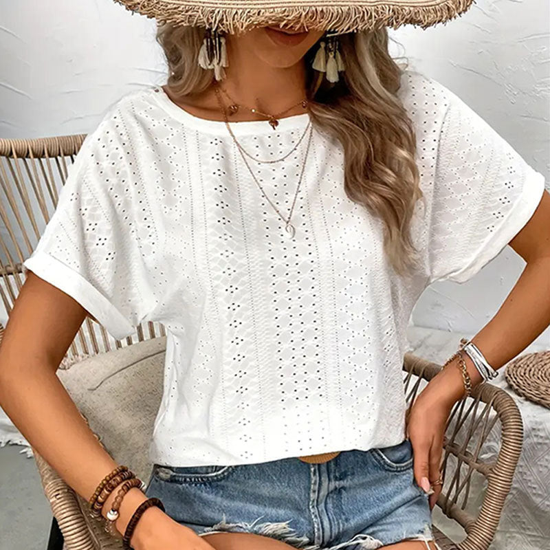 Short-Sleeve Eyelet Knit Top with Crochet Lace V-Back