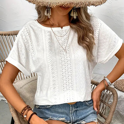 Short-Sleeve Eyelet Knit Top with Crochet Lace V-Back