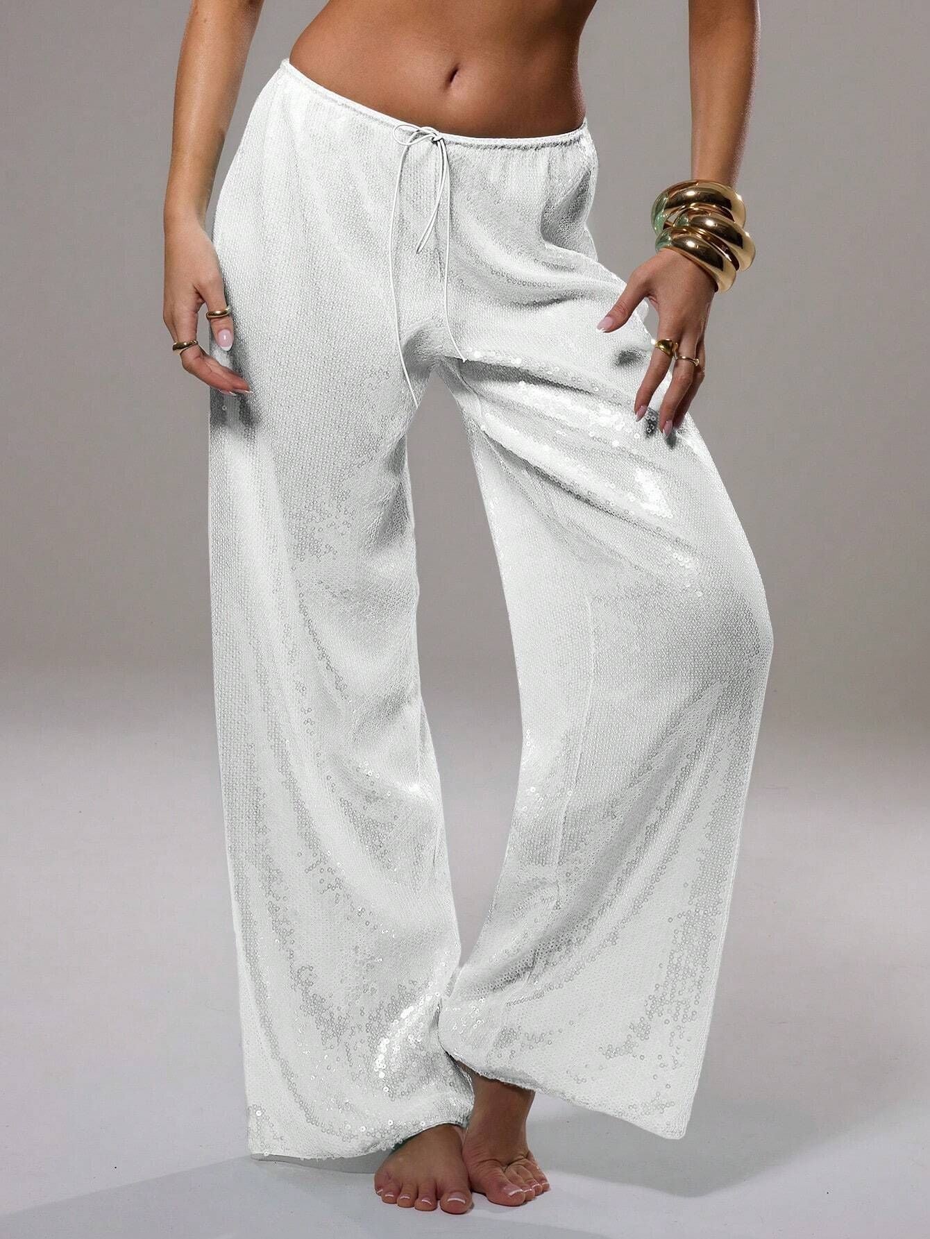 Wide-Leg Sequined Trousers with High Waist and Drawstring