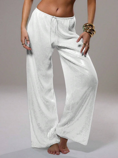 Wide-Leg Sequined Trousers with High Waist and Drawstring