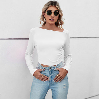 Ribbed Long Sleeve Crop Top with Asymmetrical Neckline