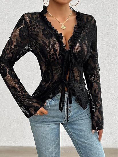 Sheer Lace Tie-Front Cardigan with Ruffle Trim