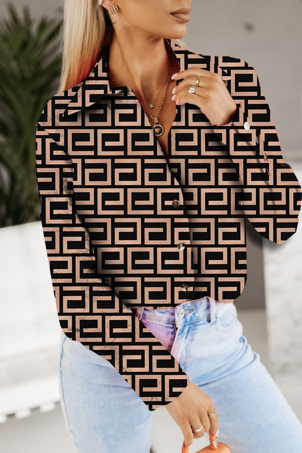 Abstract Print Button-Down Shirt with Long Sleeves