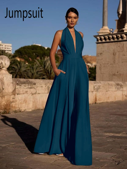 Wide-Leg Jumpsuit with Halter Neck and Deep V-Neck