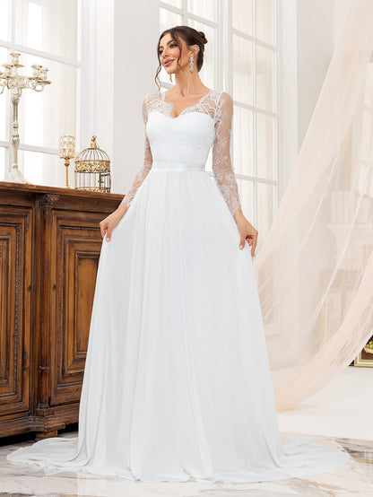 A-Line Wedding Dress with Lace Bodice and Long Sleeves
