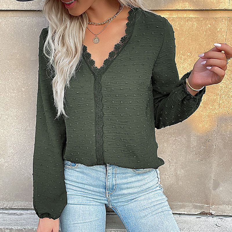 Solid Dotted Long-Sleeve Blouse with Lace Trim