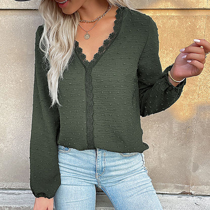 Solid Dotted Long-Sleeve Blouse with Lace Trim