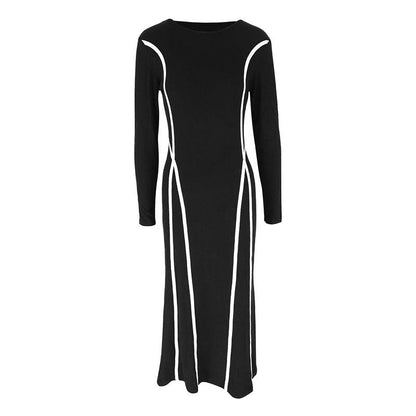 Bodycon Maxi Dress with Contrast Piping and Long Sleeves