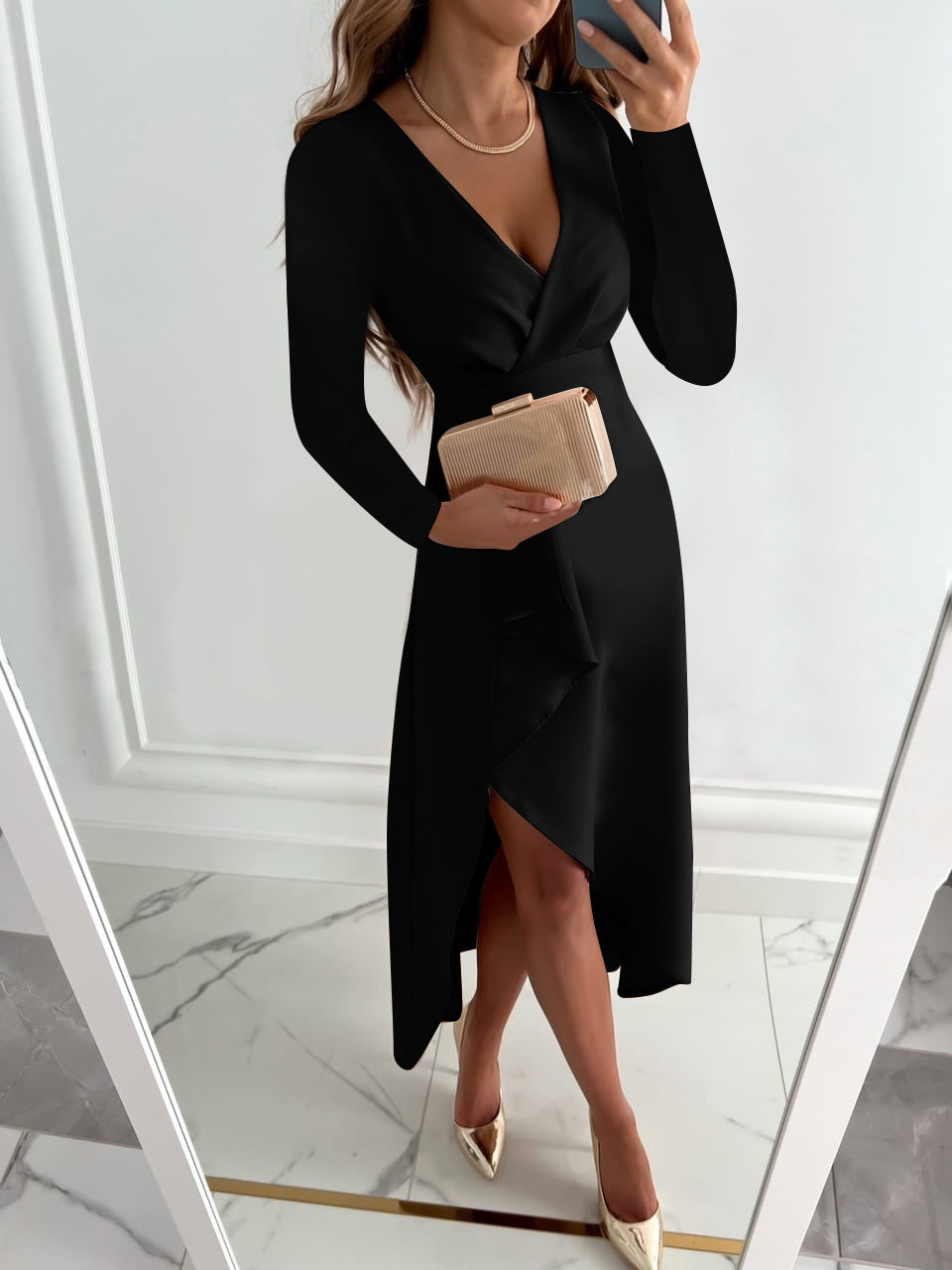 Solid Long Sleeve Wrap Dress with V-Neck and Asymmetrical Hem