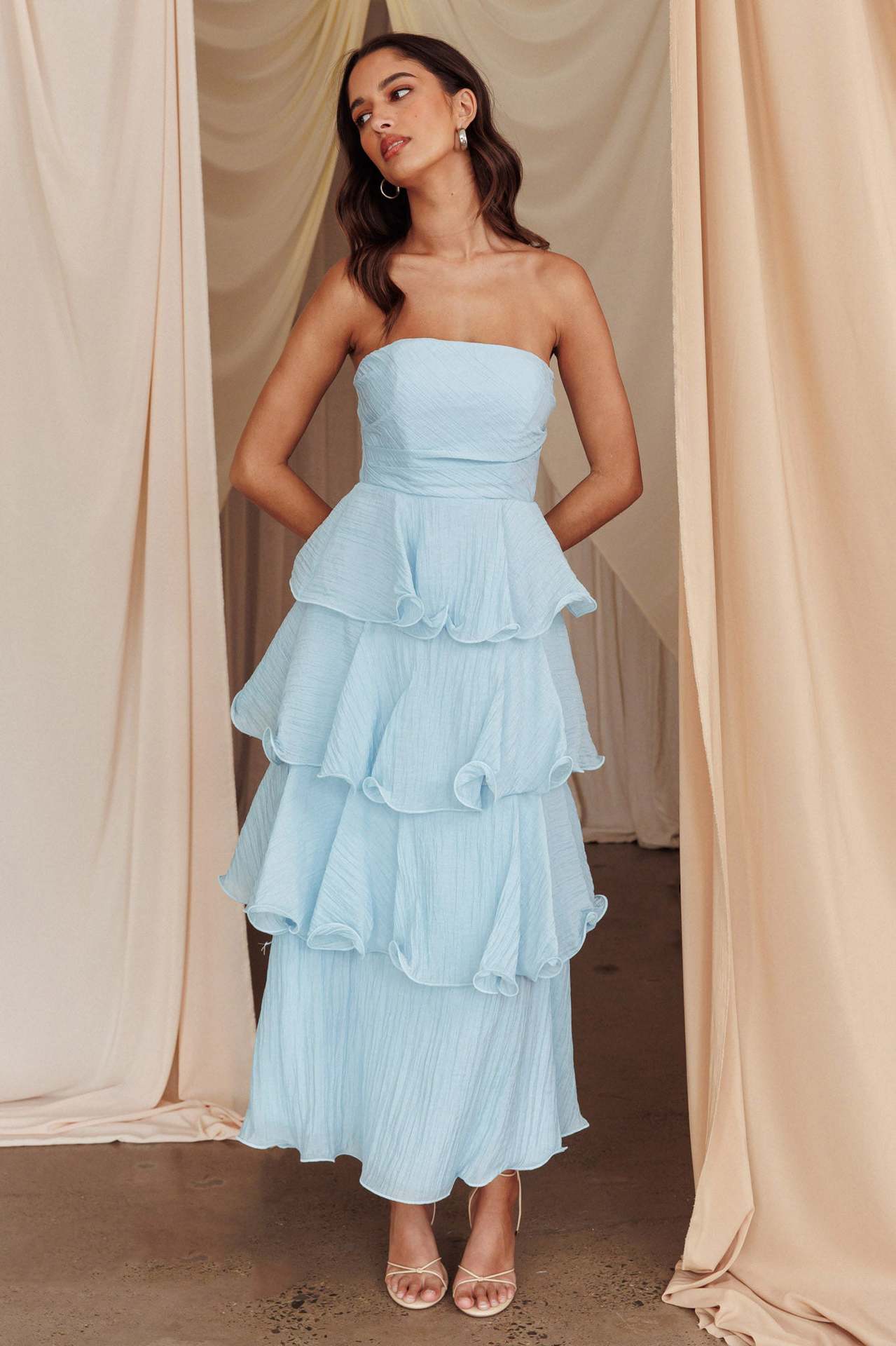 Strapless Tiered Midi Dress with Layered Ruffles