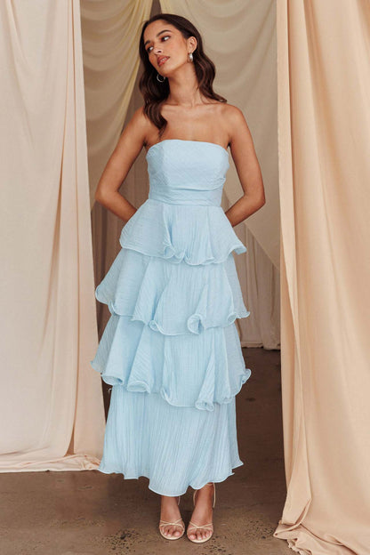 Strapless Tiered Midi Dress with Layered Ruffles