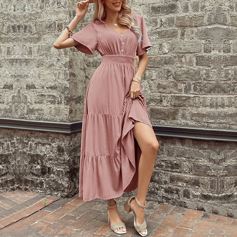 Solid A-Line Midi Dress with V-Neck, Shirred Waist, and Tiered Skirt