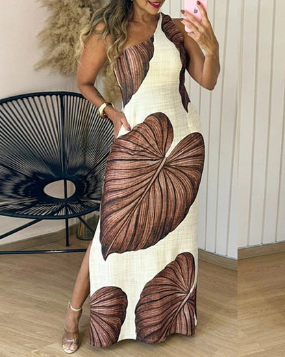 Tropical Leaf Print Maxi Dress with One-Shoulder