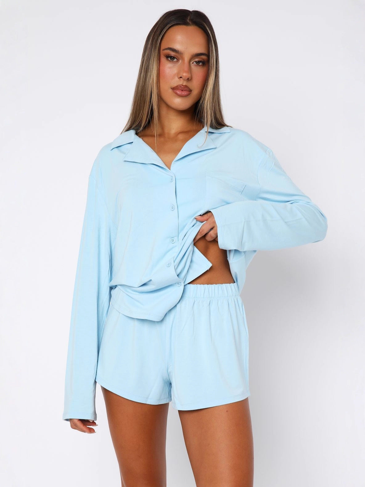 Long Sleeve Pajama Set with Notched Collar and Shorts