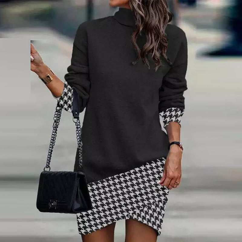Spliced Mock Neck Dress with Irregular Leopard Hem